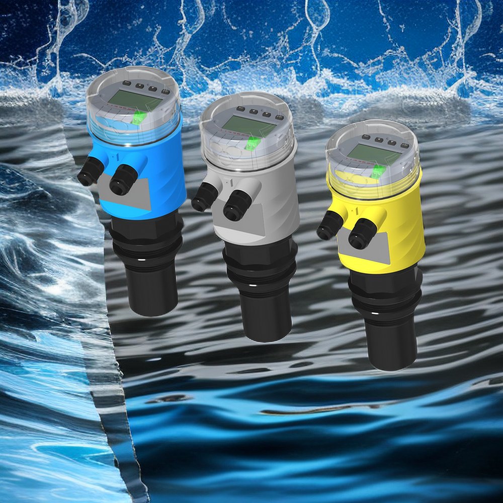 WELK ultrasonic level meters in blue, grey and yellow housings