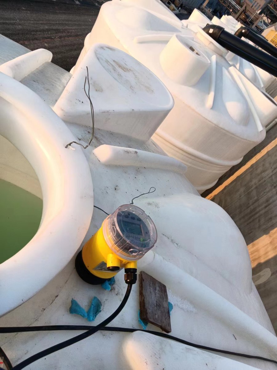 WELK ultrasonic level meter on chemical dosing tanks at a water treatment site