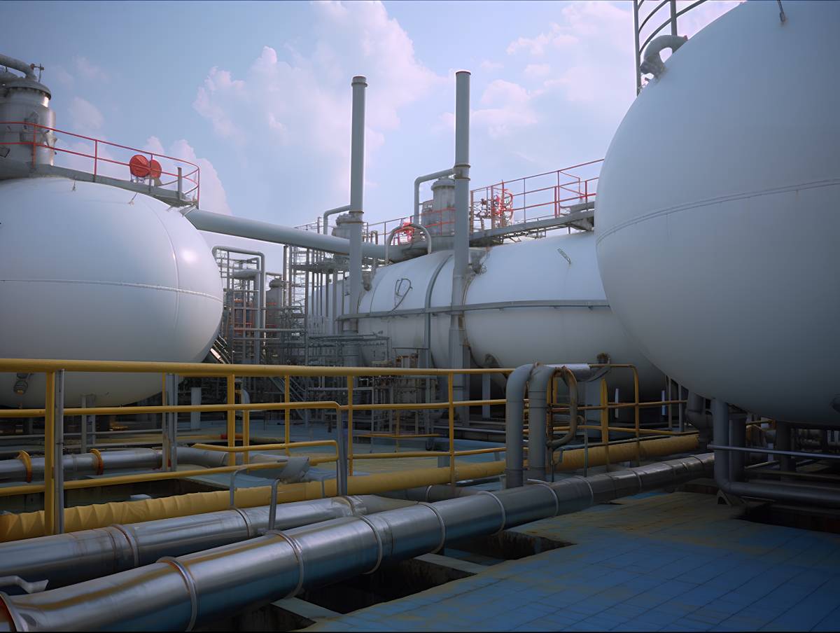 Tanques esféricos e tubulações em planta de processo